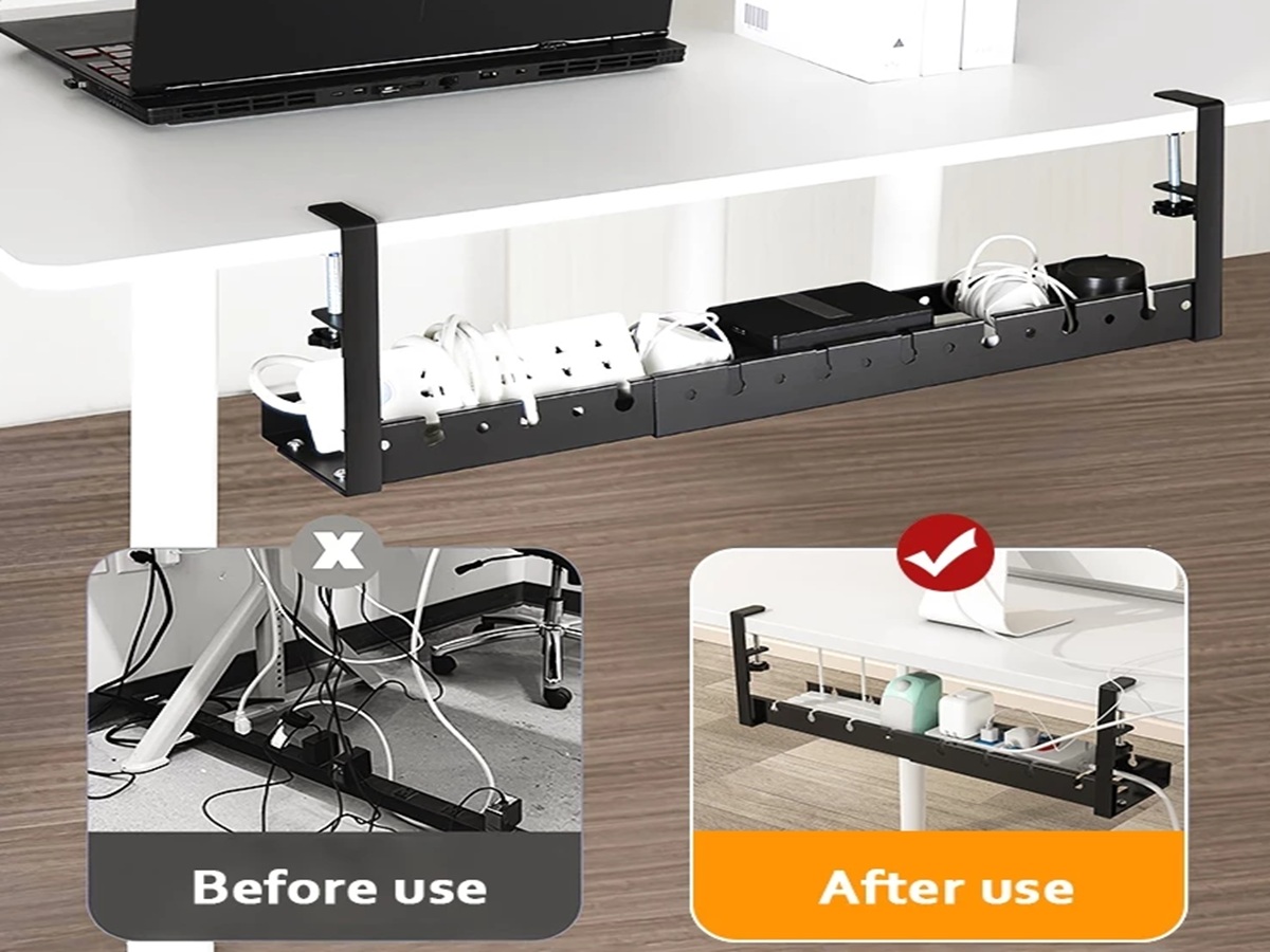 Before and after using under desk cable organizer