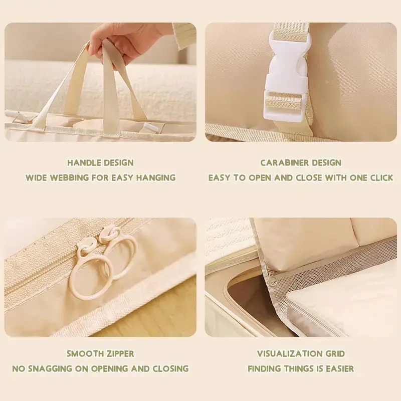 Travel organizer bag handle zipper and buckle details