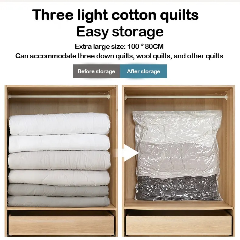 Before and after wardrobe storage using compression bag